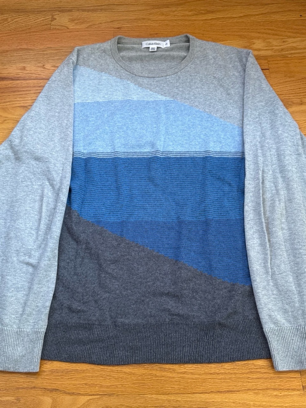 Calvin Klein Men’s Grey, Light Blue & Navy Colorblock Crewneck Sweater